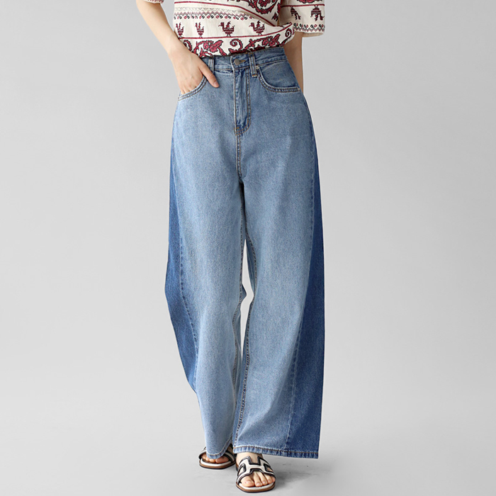 Side seam color block denim pants