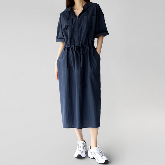 Hood zip-up long one-piece