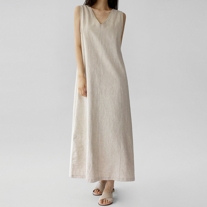 V-neck linen long one-piece