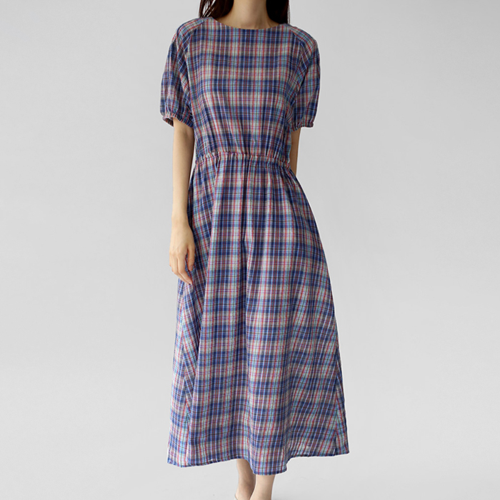 Round neck check long one-piece