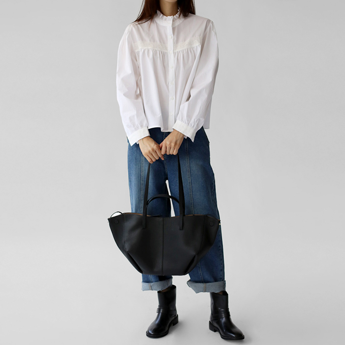 Frill neck shirring blouse