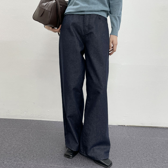 Herringbone non-fade wide denim pants