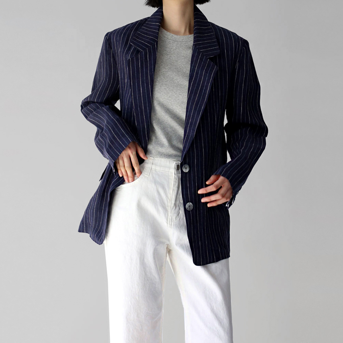 [身上7%-17日am11時まで]リネンストライプジャケット