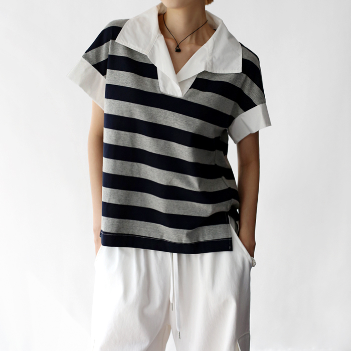 Shirt collar striped tee
